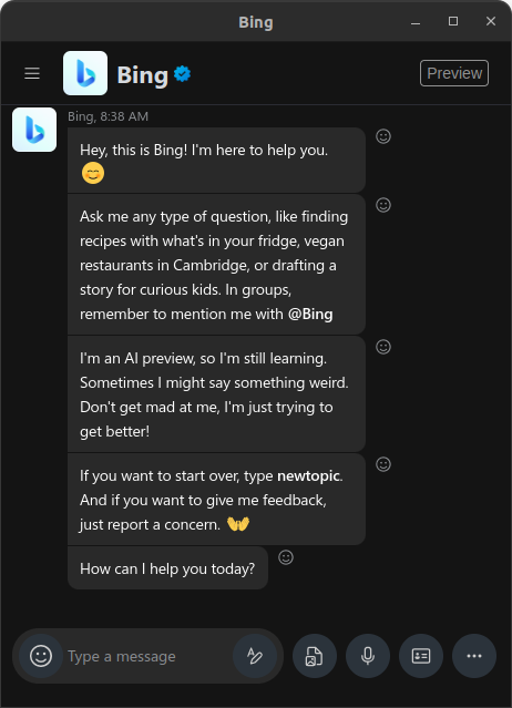 Screenshot from the conversations with the Bing AI Chatbot in Skype