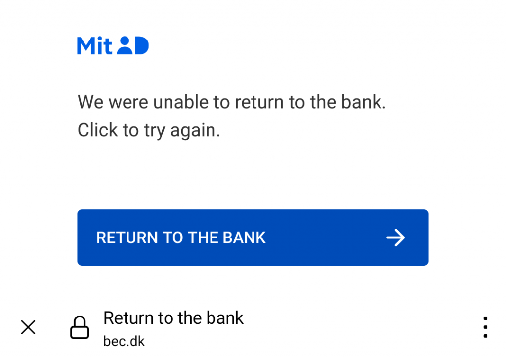En fejlbesked jeg fra MitID da jeg prøvede at logge ind på appen Mobilbank.