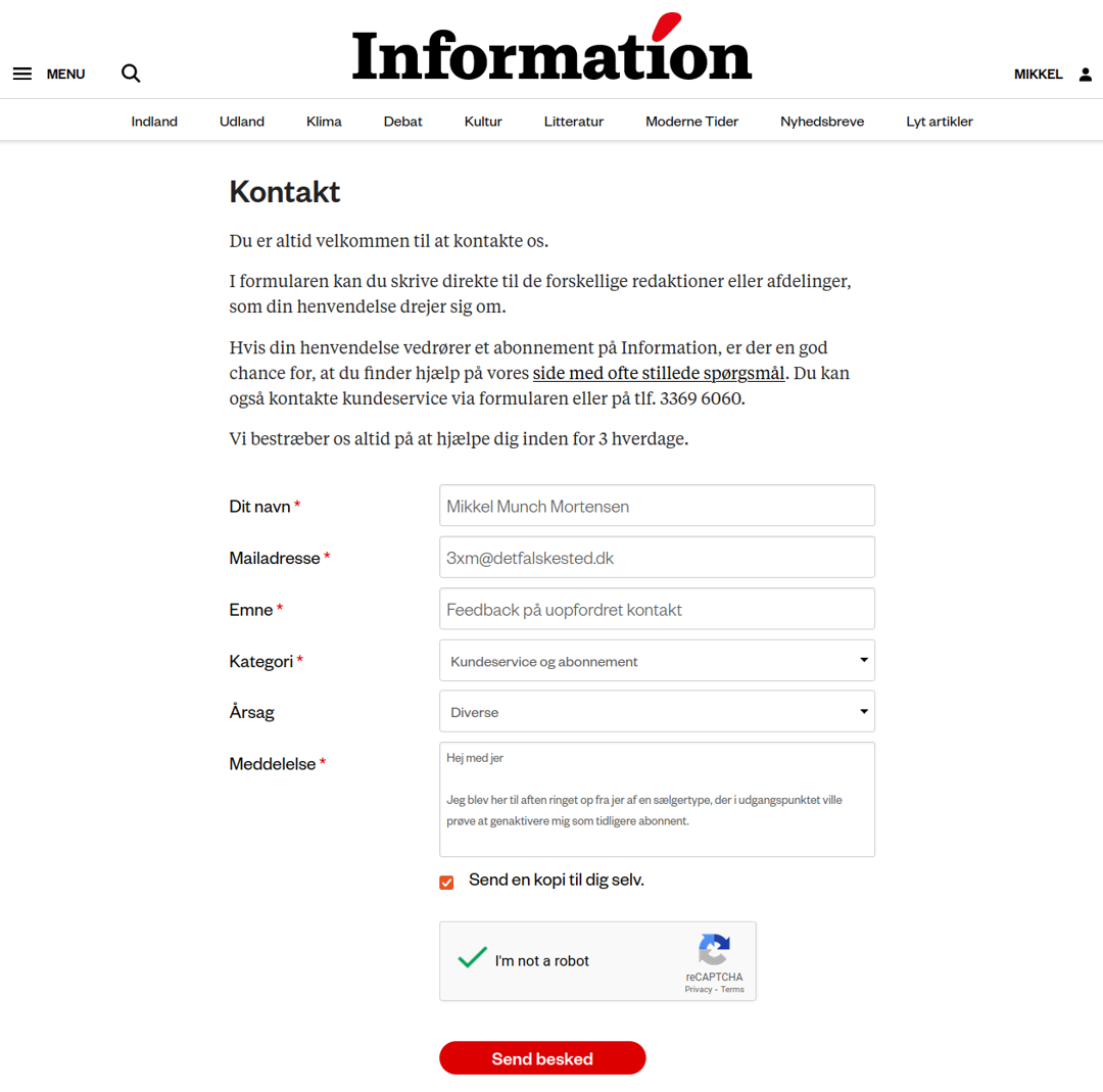Screenshot af min udfyldte kontaktformular hos Dagbladet Information.