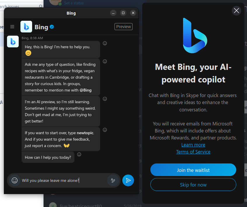 Screenshot from the conversations with the Bing AI Chatbot in Skype and a popup shows up when I try to reply