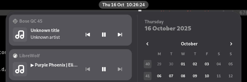 A screenshot showing media controls for my Bose Quiet Comfort 45 Bluetooth headset in the Gnome notification area